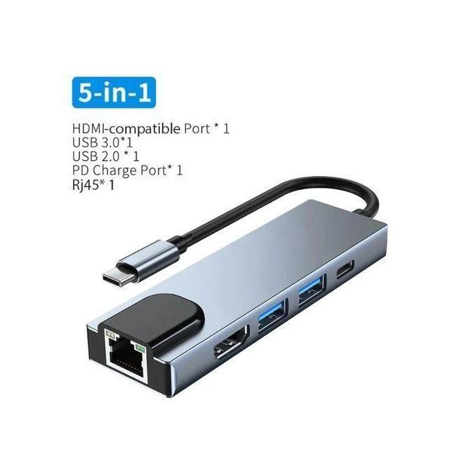 Adaptateur 5 En 1 De Type C, USB 3.1 USB C Vers HDMI + Ethernet (RJ45) + USB 3.0 + Adaptateur Multiport De Type C Avec Port HDMI 4k Et Port LAN 1000 M
